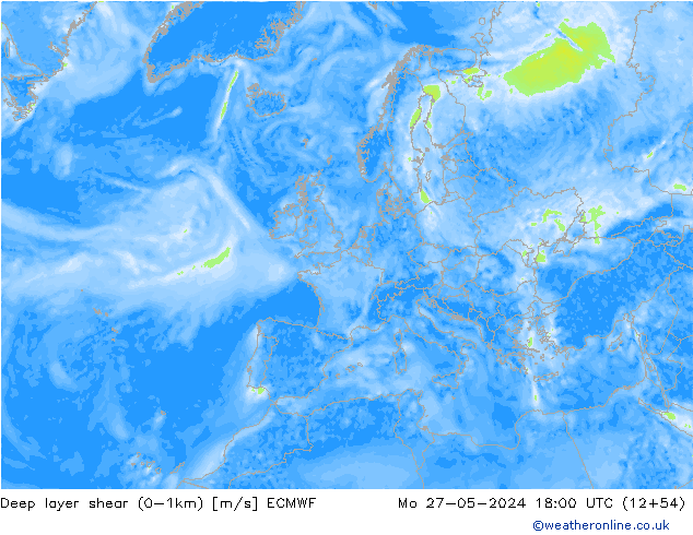 Deep layer shear (0-1km) ECMWF pon. 27.05.2024 18 UTC