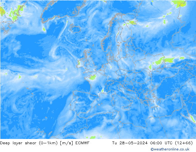 Deep layer shear (0-1km) ECMWF Út 28.05.2024 06 UTC