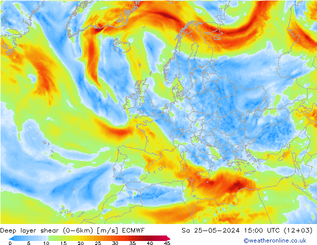 Deep layer shear (0-6km) ECMWF сб 25.05.2024 15 UTC