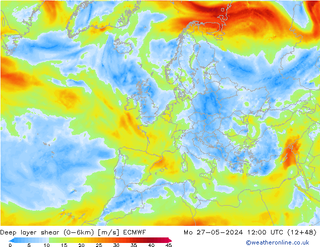 Deep layer shear (0-6km) ECMWF Mo 27.05.2024 12 UTC