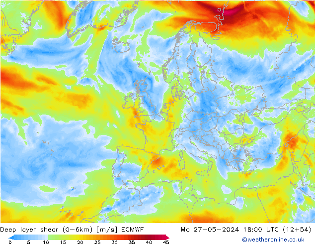 Deep layer shear (0-6km) ECMWF ma 27.05.2024 18 UTC