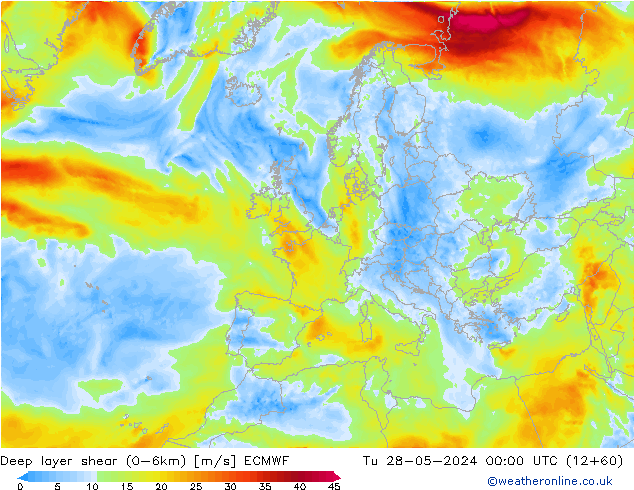 Deep layer shear (0-6km) ECMWF mar 28.05.2024 00 UTC