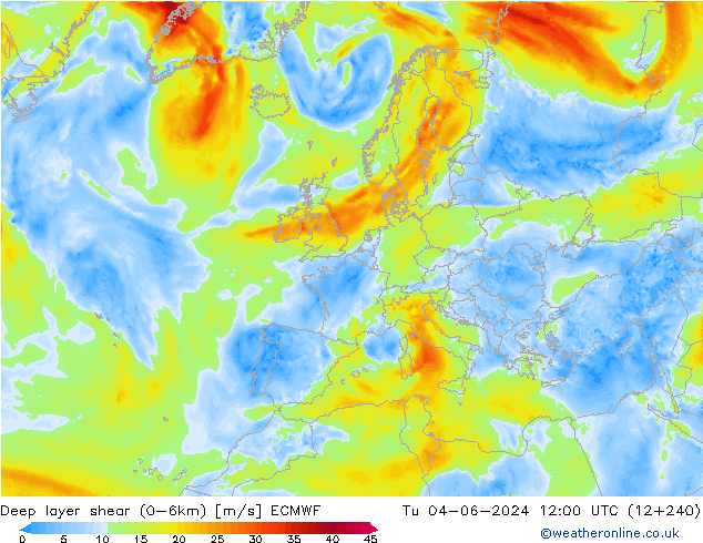 Deep layer shear (0-6km) ECMWF Di 04.06.2024 12 UTC