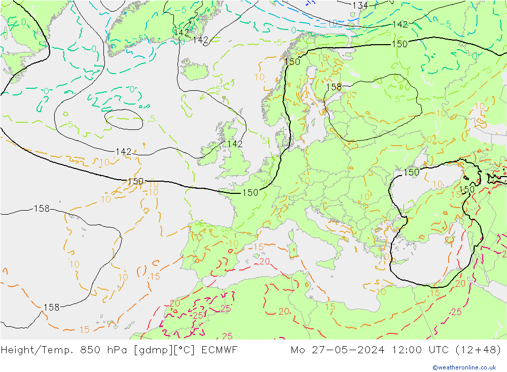 Z500/Rain (+SLP)/Z850 ECMWF Mo 27.05.2024 12 UTC