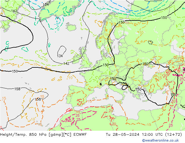Z500/Rain (+SLP)/Z850 ECMWF wto. 28.05.2024 12 UTC