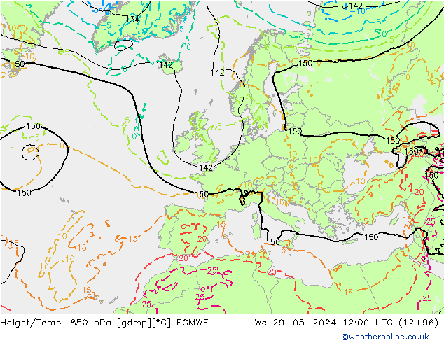 Hoogte/Temp. 850 hPa ECMWF wo 29.05.2024 12 UTC