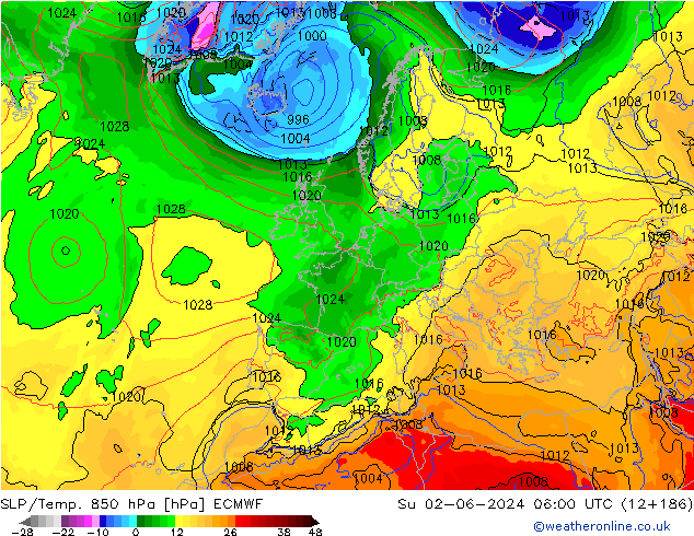 SLP/Temp. 850 hPa ECMWF dom 02.06.2024 06 UTC