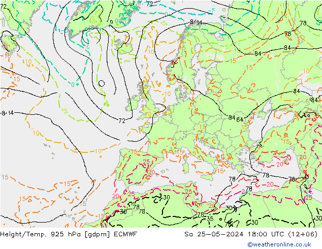 Height/Temp. 925 hPa ECMWF 星期六 25.05.2024 18 UTC