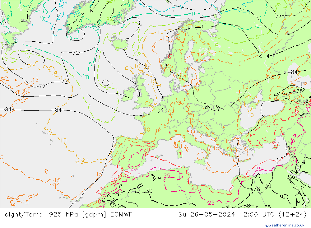 Géop./Temp. 925 hPa ECMWF dim 26.05.2024 12 UTC