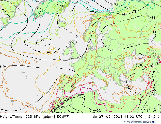 Height/Temp. 925 hPa ECMWF Mo 27.05.2024 18 UTC