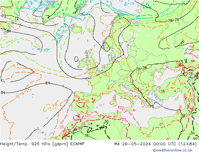 Height/Temp. 925 hPa ECMWF mer 29.05.2024 00 UTC