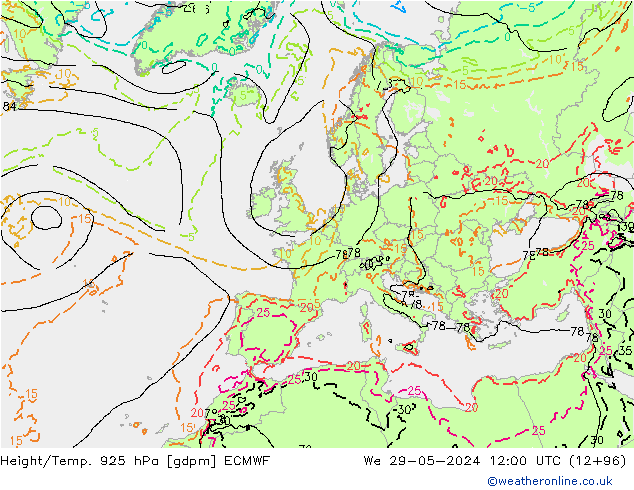 Height/Temp. 925 hPa ECMWF mer 29.05.2024 12 UTC