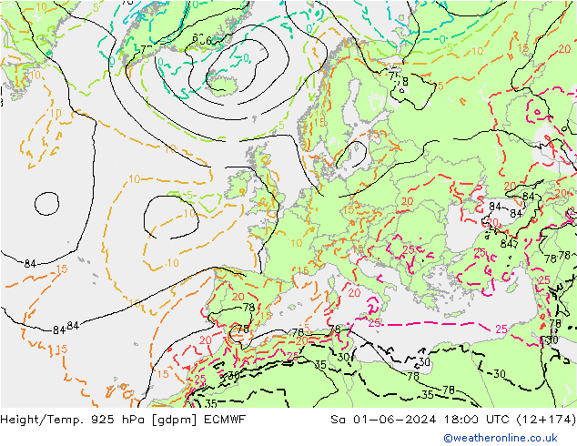 Height/Temp. 925 hPa ECMWF so. 01.06.2024 18 UTC