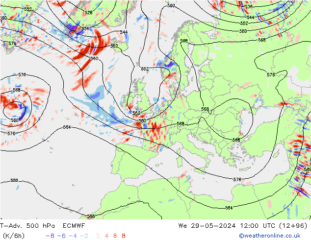 T-Adv. 500 hPa ECMWF mié 29.05.2024 12 UTC