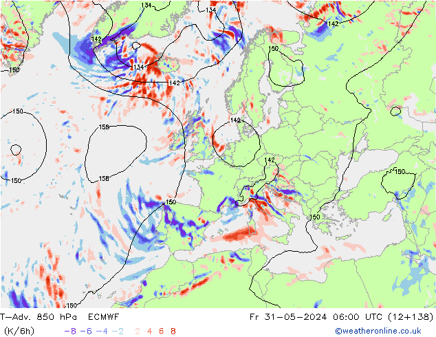 T-Adv. 850 hPa ECMWF Pá 31.05.2024 06 UTC