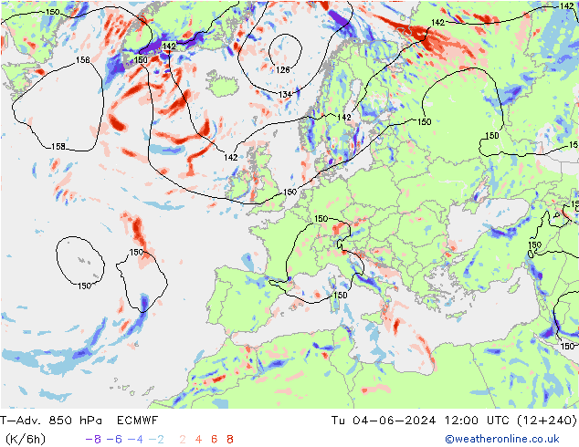 T-Adv. 850 hPa ECMWF di 04.06.2024 12 UTC