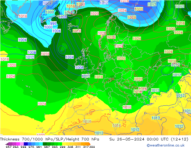 Thck 700-1000 hPa ECMWF dom 26.05.2024 00 UTC