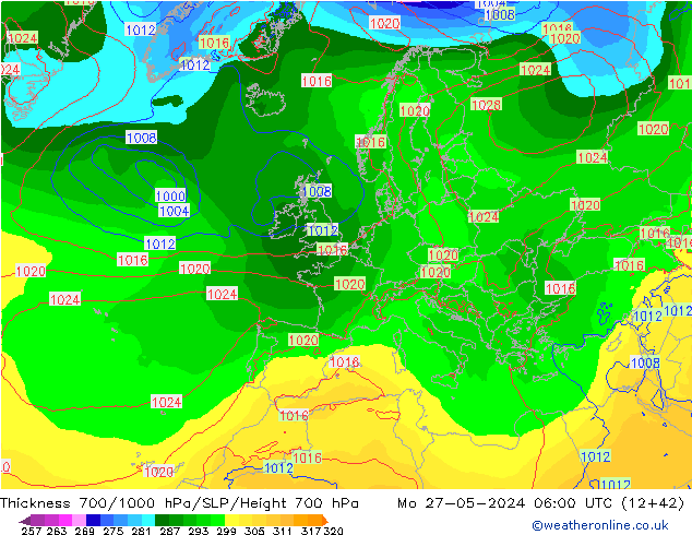 Thck 700-1000 гПа ECMWF пн 27.05.2024 06 UTC