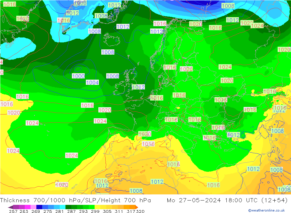 Espesor 700-1000 hPa ECMWF lun 27.05.2024 18 UTC