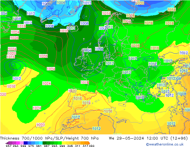 Thck 700-1000 hPa ECMWF mer 29.05.2024 12 UTC