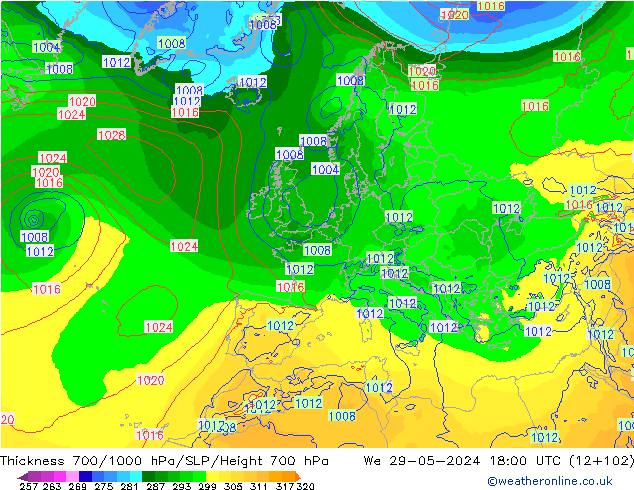 Thck 700-1000 hPa ECMWF We 29.05.2024 18 UTC