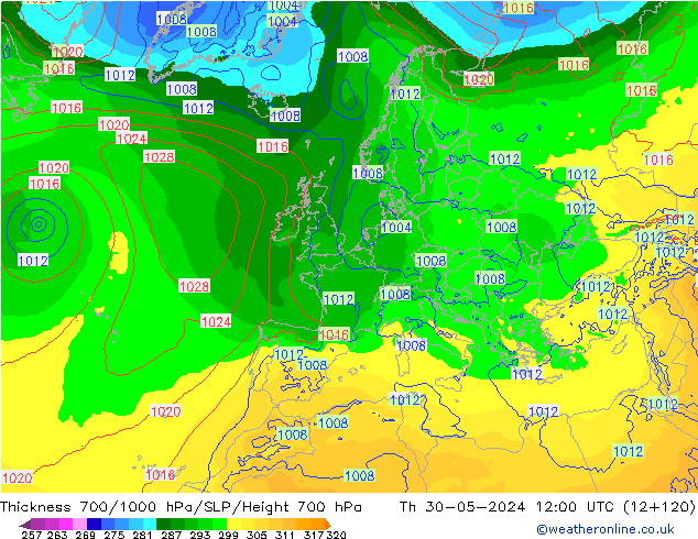 Dikte700-1000 hPa ECMWF do 30.05.2024 12 UTC