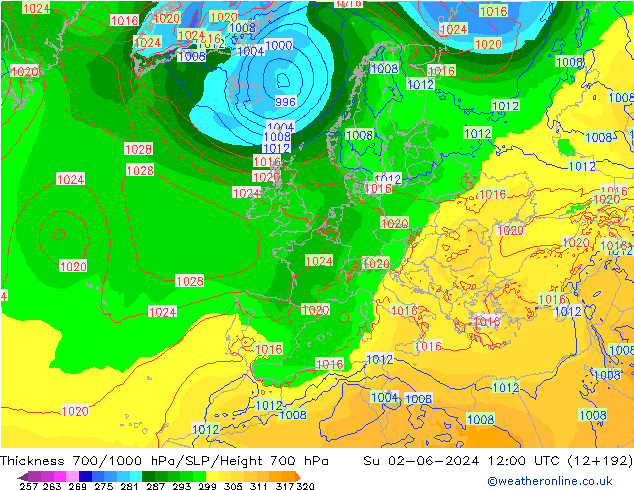 Thck 700-1000 hPa ECMWF nie. 02.06.2024 12 UTC