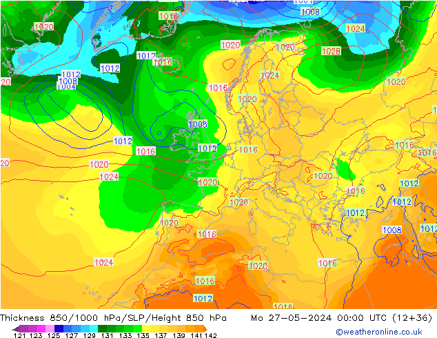 Thck 850-1000 hPa ECMWF lun 27.05.2024 00 UTC