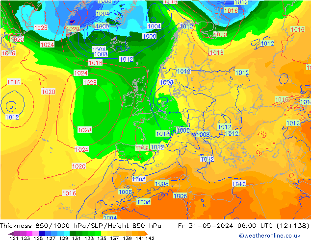 Dikte 850-1000 hPa ECMWF vr 31.05.2024 06 UTC