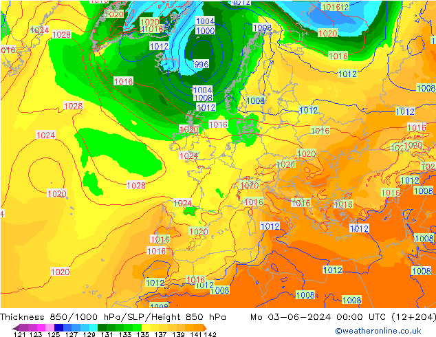 Thck 850-1000 hPa ECMWF lun 03.06.2024 00 UTC