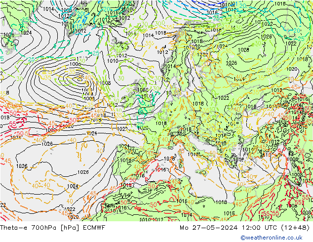 Theta-e 700hPa ECMWF Mo 27.05.2024 12 UTC