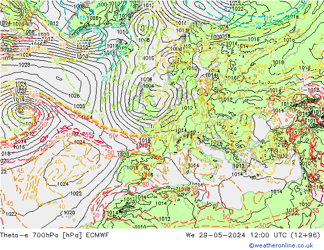 Theta-e 700hPa ECMWF mer 29.05.2024 12 UTC