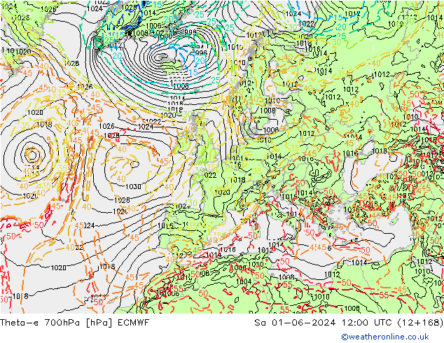 Theta-e 700гПа ECMWF сб 01.06.2024 12 UTC