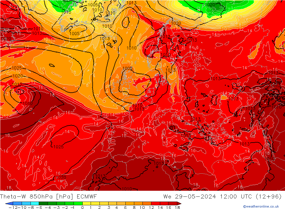 Theta-W 850hPa ECMWF mer 29.05.2024 12 UTC