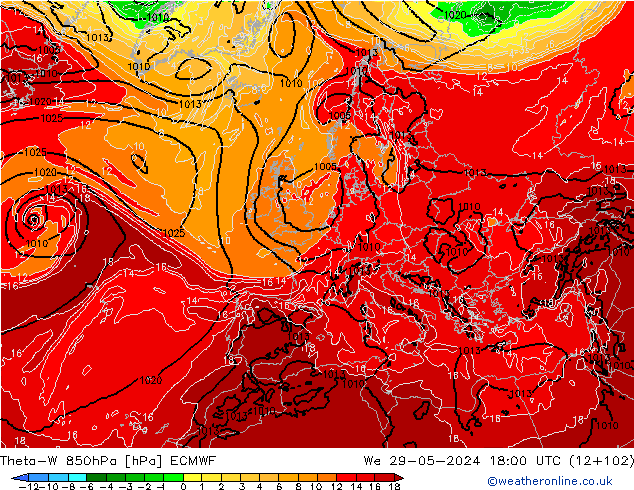 Theta-W 850hPa ECMWF mié 29.05.2024 18 UTC