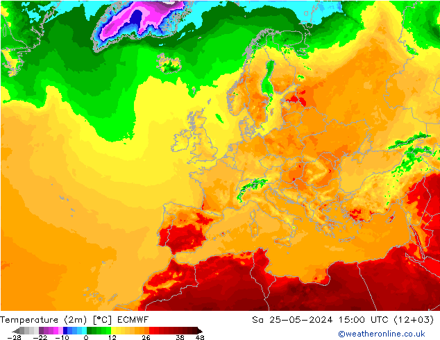 mapa temperatury (2m) ECMWF so. 25.05.2024 15 UTC