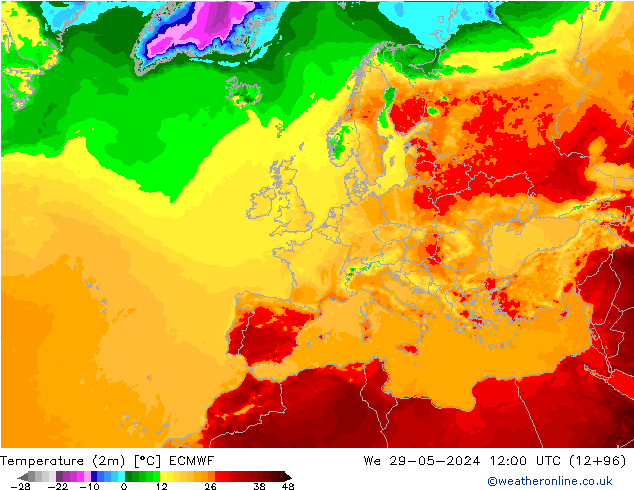 Temperature (2m) ECMWF St 29.05.2024 12 UTC