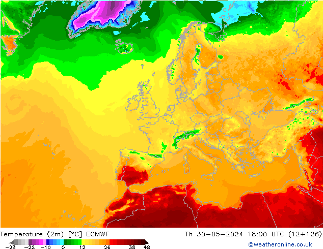 Temperatura (2m) ECMWF gio 30.05.2024 18 UTC