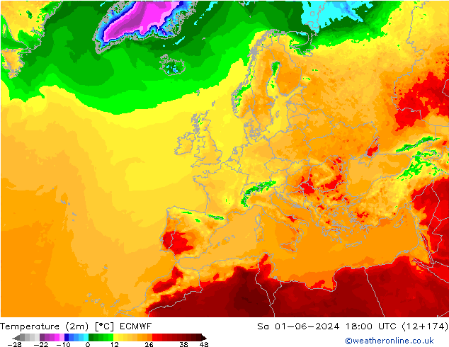 Temperature (2m) ECMWF Sa 01.06.2024 18 UTC