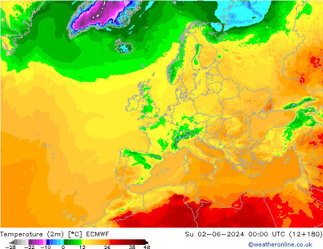 Temperaturkarte (2m) ECMWF So 02.06.2024 00 UTC