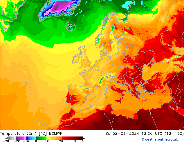 Temperature (2m) ECMWF Ne 02.06.2024 12 UTC
