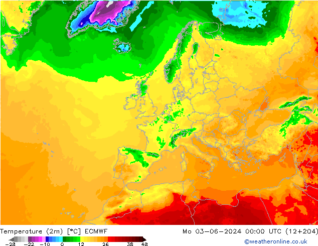 Temperature (2m) ECMWF Po 03.06.2024 00 UTC