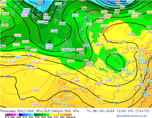 Thck 500-1000hPa ECMWF Tu 28.05.2024 12 UTC