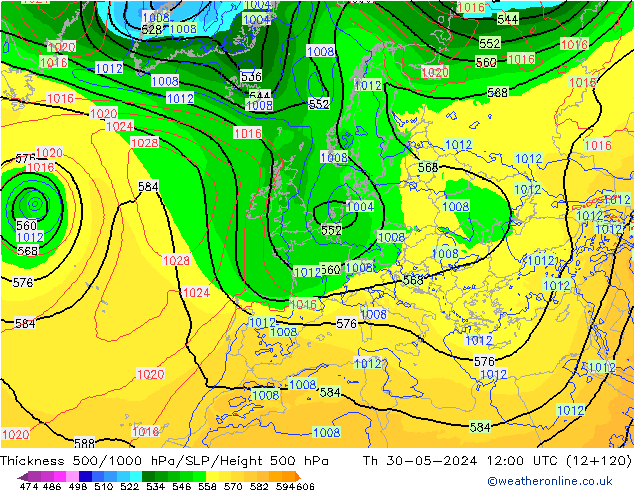 Dikte 500-1000hPa ECMWF do 30.05.2024 12 UTC