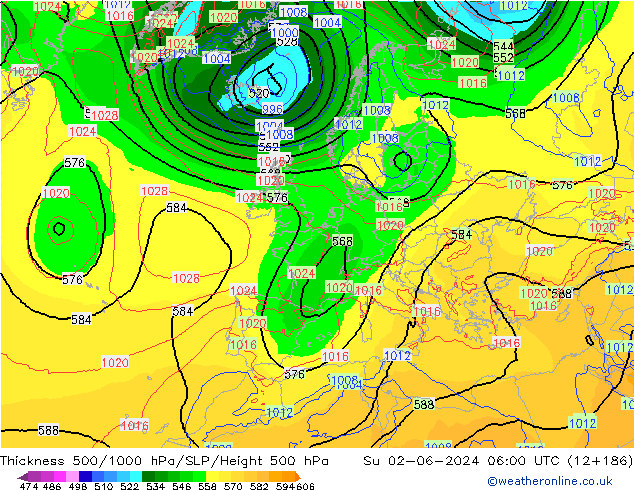 Espesor 500-1000 hPa ECMWF dom 02.06.2024 06 UTC