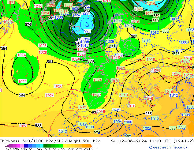 Espesor 500-1000 hPa ECMWF dom 02.06.2024 12 UTC