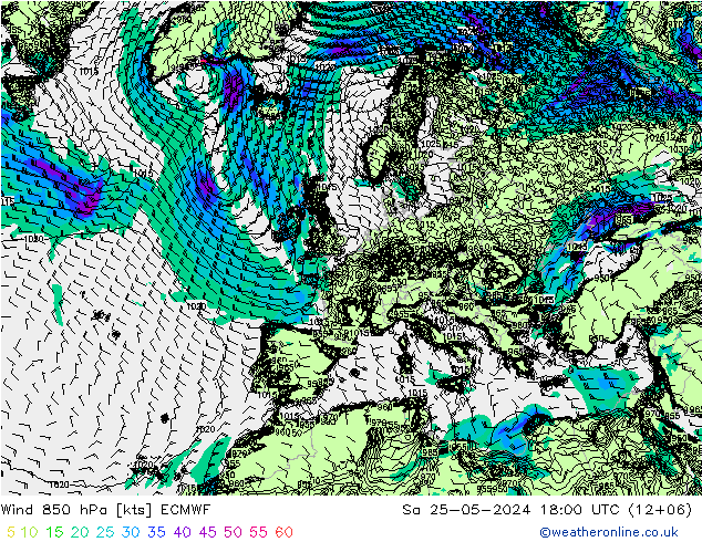 ветер 850 гПа ECMWF сб 25.05.2024 18 UTC
