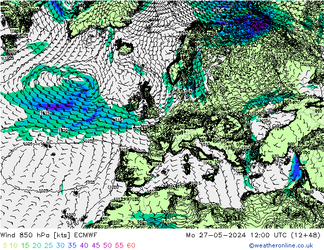 wiatr 850 hPa ECMWF pon. 27.05.2024 12 UTC