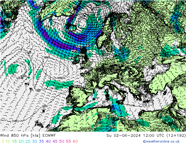 Wind 850 hPa ECMWF Su 02.06.2024 12 UTC