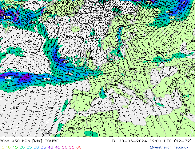 Wind 950 hPa ECMWF Tu 28.05.2024 12 UTC